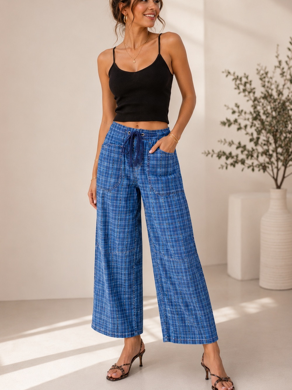 Wide-Leg Plaid Drawstring Women’s Jeans - Blue